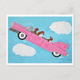 Dachshonden in een roze cabriolet in de lucht briefkaart