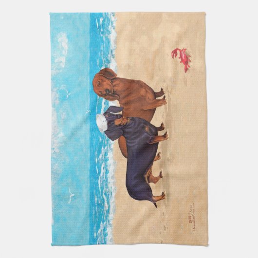 Dachshonden op het Strand Theedoek (Verticaal)