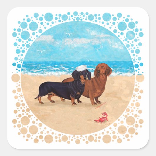 Dachshonden op het Strand Vierkante Sticker (Voorkant)