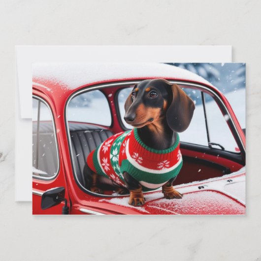 dachshondhond op een auto, en de feestdagen kaart (Voorkant)