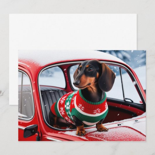 dachshondhond op een auto, en de feestdagen kaart (Voorkant / Achterkant)
