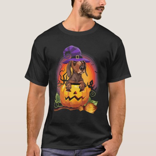 Dachshunch Witch Pumpkin Halloween Hondenliefhebbe T-shirt (Voorkant)