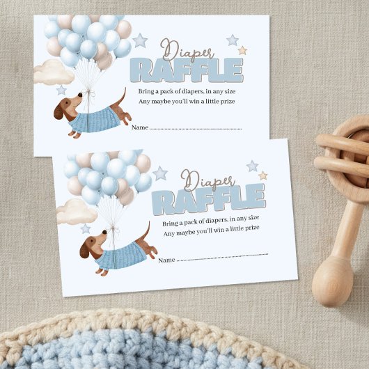 Dachshund and Balloons Blue Diaper Raffle Informatiekaartje