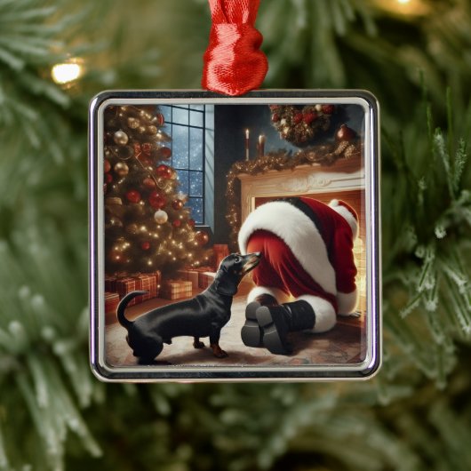 Dachshund and Santa  Metalen Ornament (Boom)
