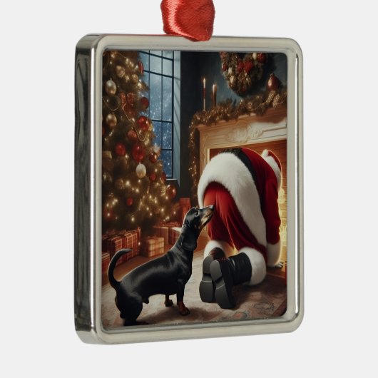 Dachshund and Santa  Metalen Ornament (Rechts)