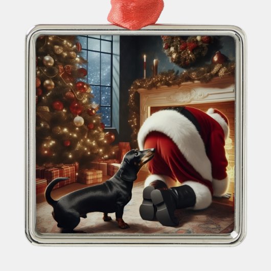 Dachshund and Santa  Metalen Ornament (Voorkant)