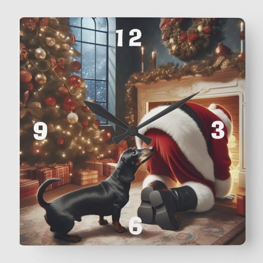 Dachshund and Santa  Vierkante Klok (Voorkant)