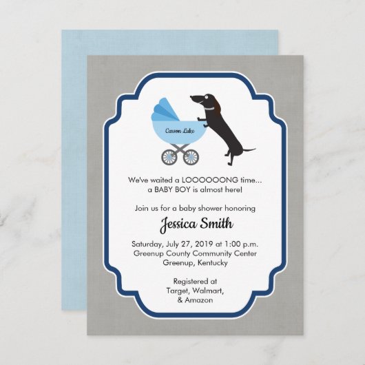 Dachshund Baby shower Boy Invitation Kaart (Voorkant / Achterkant)