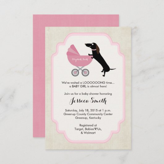 Dachshund Baby shower Girl Invitation Kaart (Voorkant / Achterkant)