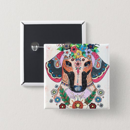 Dachshund badge vierkante button 5,1 cm (Voorkant /achterkant)