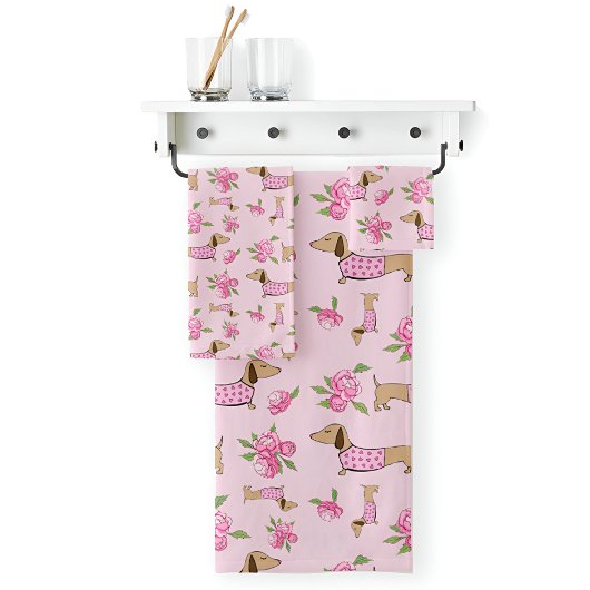 Dachshund Bath Towel Set Doxie + Peonies Floral Bad Handdoek