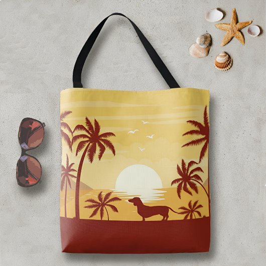 Dachshund Beach Bag a Sunset Palm Trees Tote Bag