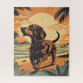 Dachshund bij een tropisch strand tijdens zonsonde legpuzzel (Verticaal)