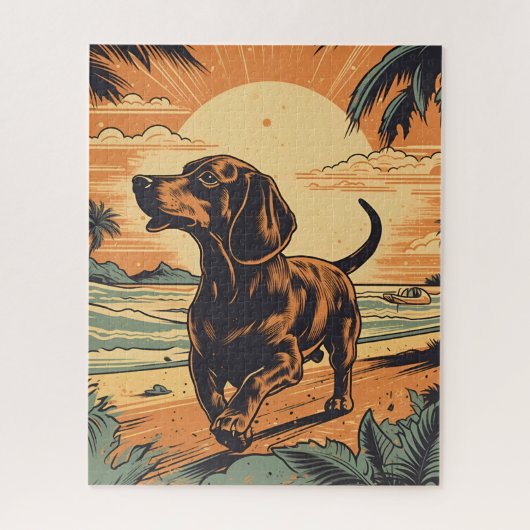 Dachshund bij een tropisch strand tijdens zonsonde legpuzzel (Verticaal)