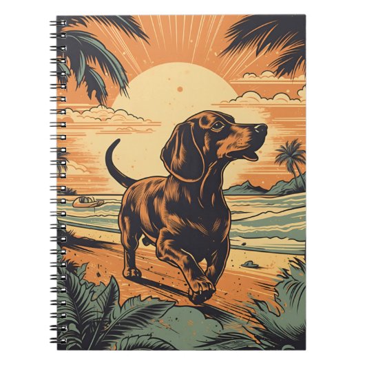Dachshund bij een tropisch strand tijdens zonsonde notitieboek (Voorkant)
