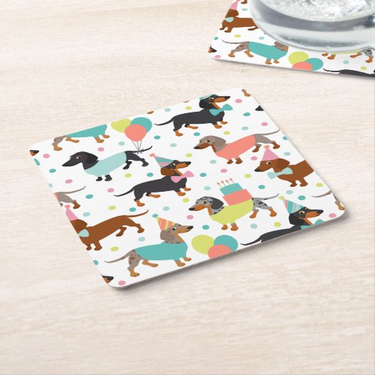 Dachshund Birthday Party Celebration Kartonnen Onderzetters (Schuin)