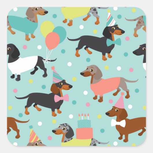 Dachshund Birthday Party Celebration Vierkante Sticker (Voorkant)