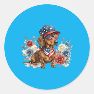 Dachshund Bloem Amerikaanse Vlag VS 4 Juli Ronde Sticker