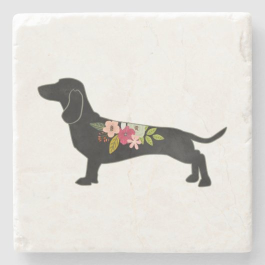 Dachshund Bohemian Floral Silhouette Stenen Onderzetter (Voorkant)