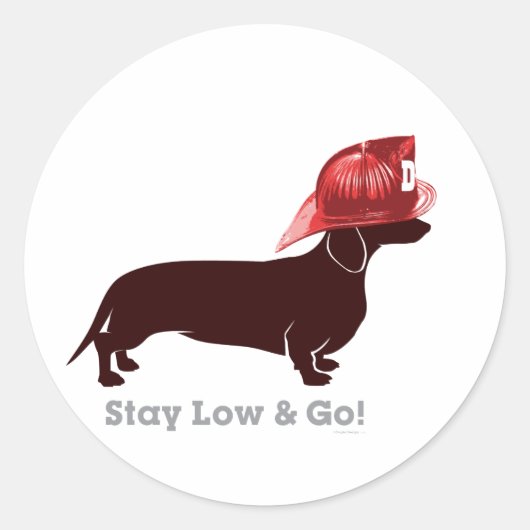 Dachshund brandweerman "Blijf laag" Ronde Sticker (Voorkant)