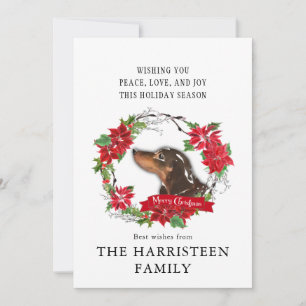 Dachshund bruin Waterverf Poinsettia Kerst Feestdagenkaart