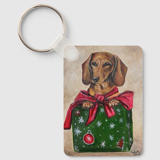 Dachshund Cadeau Honden Kunst Kerst Sleutelhanger (Voorkant)