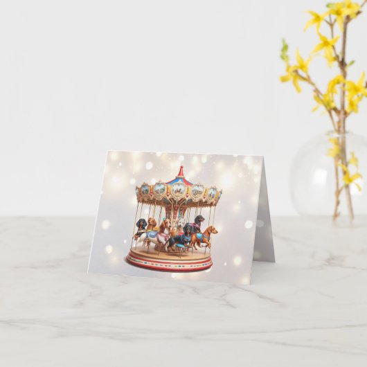 Dachshund Carrousel Kerst Kaart (Gele Bloem)