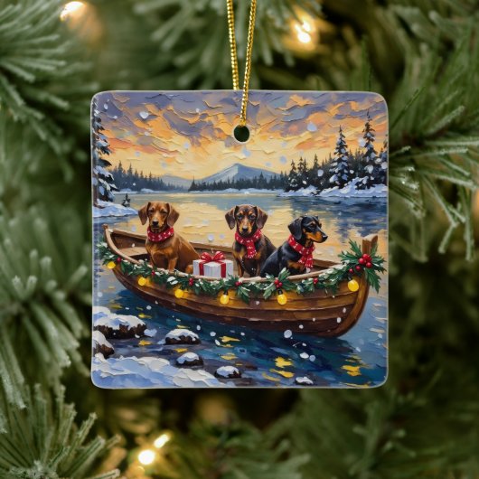 Dachshund Christmas Boat Holiday Keramisch Ornament (Boom)