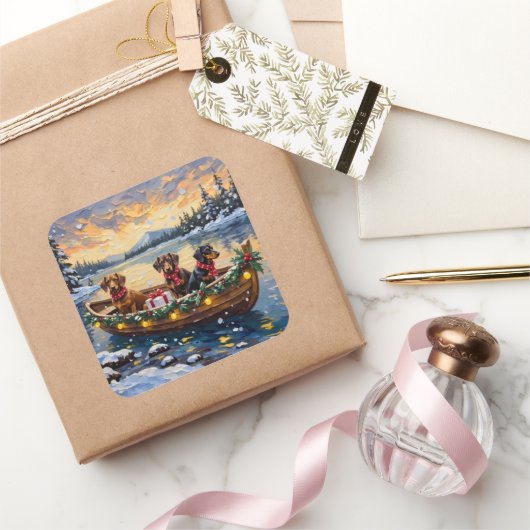 Dachshund Christmas Boat Holiday Vierkante Sticker (Geschenken)
