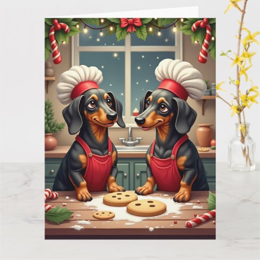 Dachshund Christmas Cookie Bakers Holiday Painting Kaart (Gele Bloem)