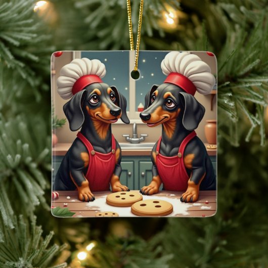 Dachshund Christmas Cookie Bakers Holiday Painting Keramisch Ornament (Boom)
