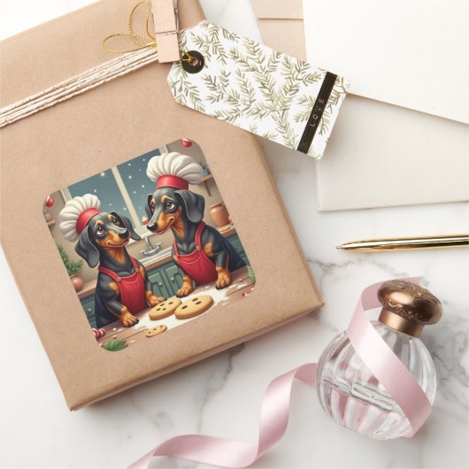Dachshund Christmas Cookie Bakers Holiday Painting Vierkante Sticker (Geschenken)