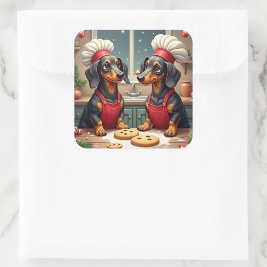 Dachshund Christmas Cookie Bakers Holiday Painting Vierkante Sticker (Tas)