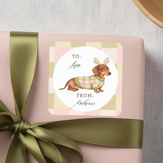 Dachshund Christmas Dog Checkered Knitted Sweater Vierkante Sticker
