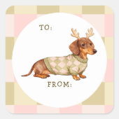 Dachshund Christmas Dog Checkered Knitted Sweater Vierkante Sticker (Voorkant)