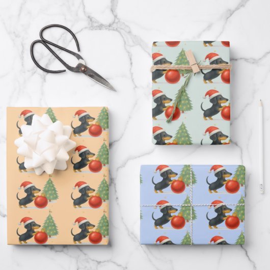 Dachshund Christmas Gift Wrap Set of 3  Inpakpapier Vel (Voorkant)