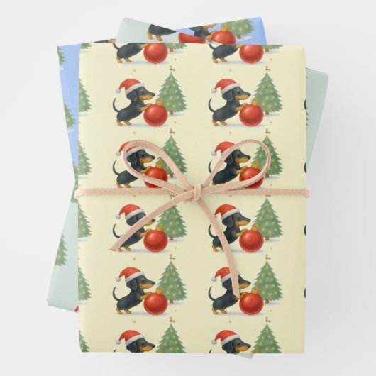 Dachshund Christmas Gift Wrap Set of 3 Inpakpapier Vel (In situ)