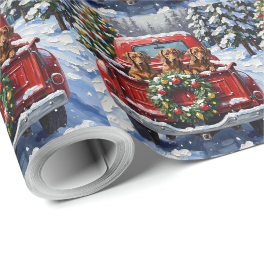 Dachshund Christmas Red Truck Holiday Cadeaupapier (Rol Hoek)