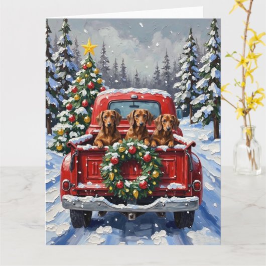 Dachshund Christmas Red Truck Holiday Kaart (Gele Bloem)