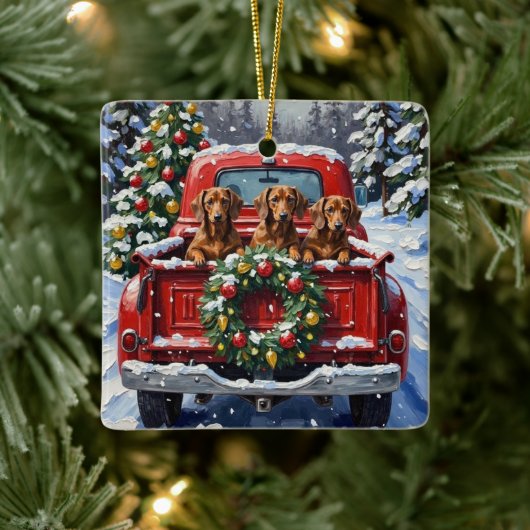 Dachshund Christmas Red Truck Holiday Keramisch Ornament (Boom)