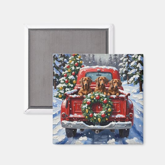 Dachshund Christmas Red Truck Holiday Magneet (Voorkant / Achterkant)