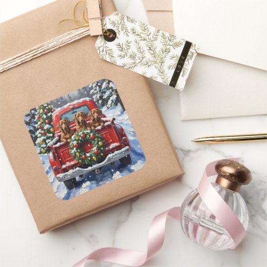 Dachshund Christmas Red Truck Holiday Vierkante Sticker (Geschenken)
