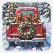 Dachshund Christmas Red Truck Holiday Vierkante Sticker (Voorkant)