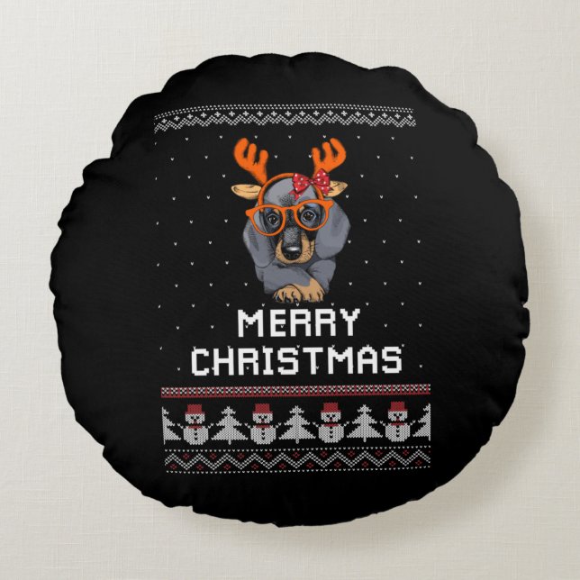 Dachshund Christmas Rond Kussen (Voorkant)