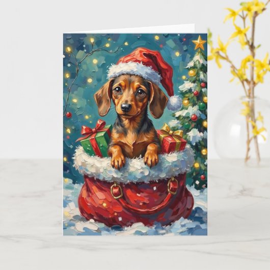 Dachshund Christmas Santa Bag Adventure Kaart (Gele Bloem)