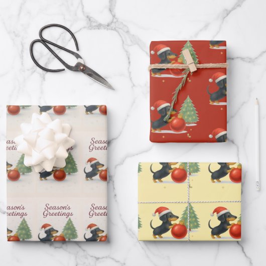 Dachshund Christmas Wrapping Paper Set of 3  (Voorkant)