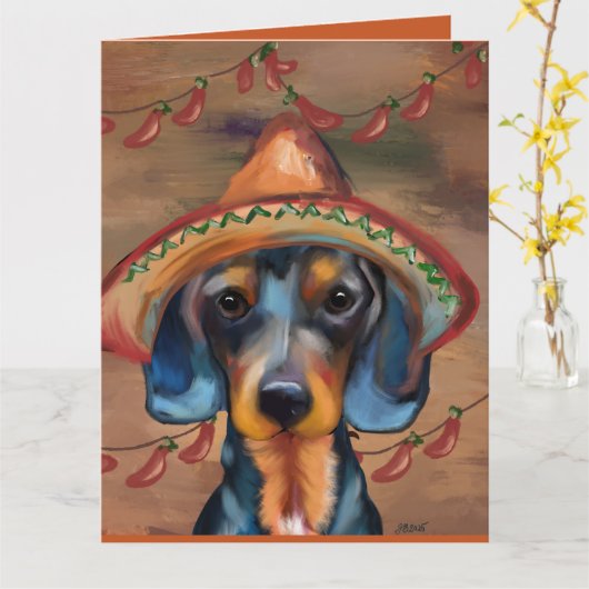 Dachshund Cinco de Mayo Kaart (Gele Bloem)