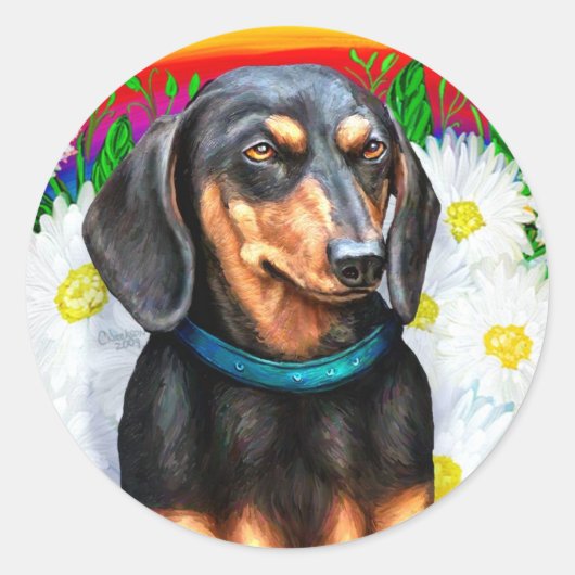 Dachshund Daisy Patch B&T Ronde Sticker (Voorkant)
