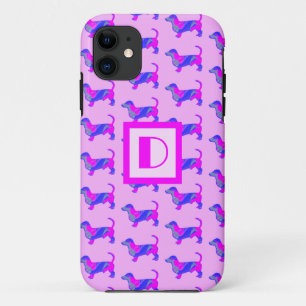 Dachshund/Daxie Hondenliefhebber Roze/Blauw Monogr Case-Mate iPhone Case