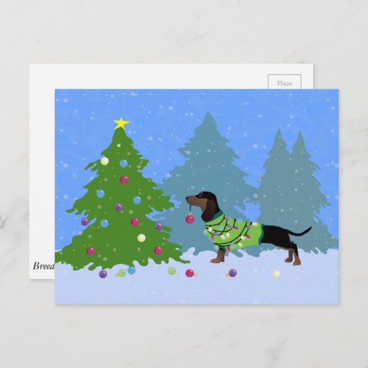 Dachshund Decorteert kerstbomen in het bos Feestdagenkaart (Voorkant / Achterkant)